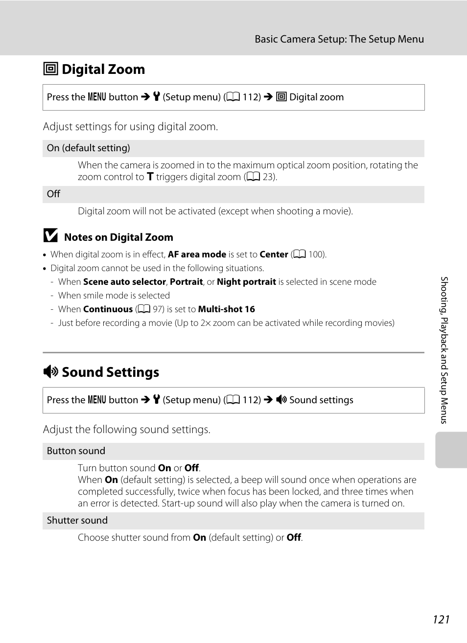 Digital zoom, Sound settings, U digital zoom i sound settings | A 121, U digital zoom, I sound settings | Nikon COOLPIX S203 User Manual | Page 133 / 164