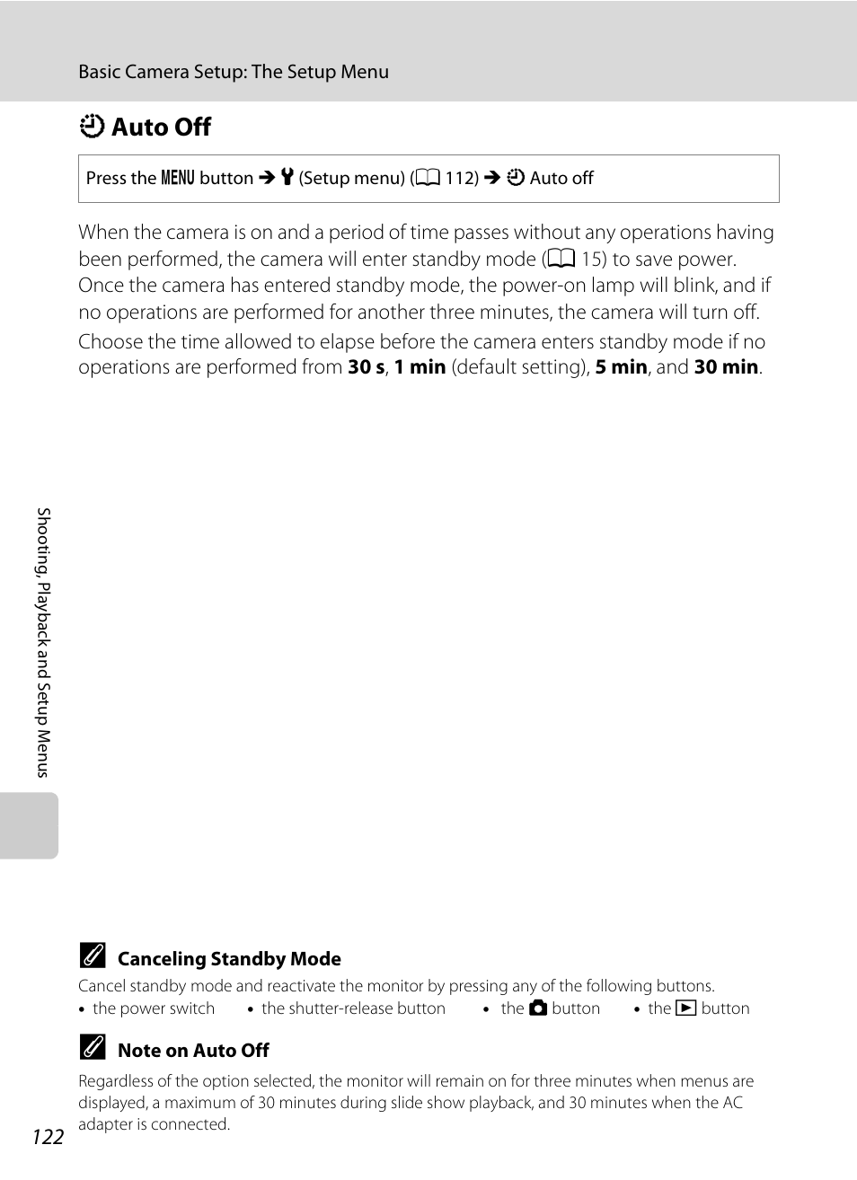 Auto off, K auto off, A 122) | A 122) is activated and, A 122 | Nikon COOLPIX S203 User Manual | Page 134 / 164