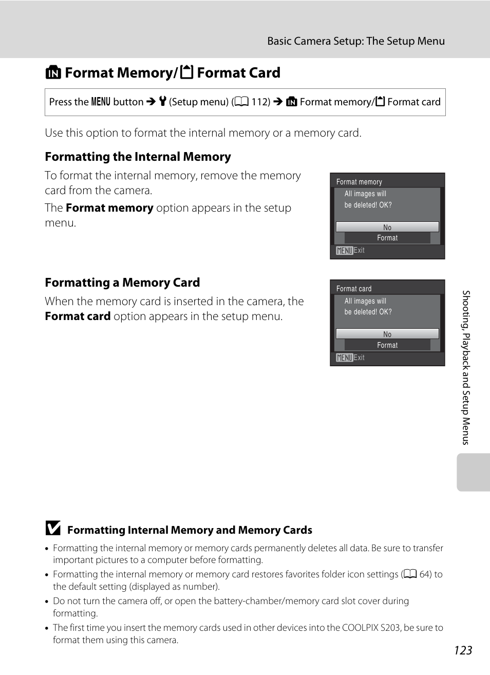 Format memory/format card, L format memory/m format card, A 123) | A 123 | Nikon COOLPIX S203 User Manual | Page 135 / 164