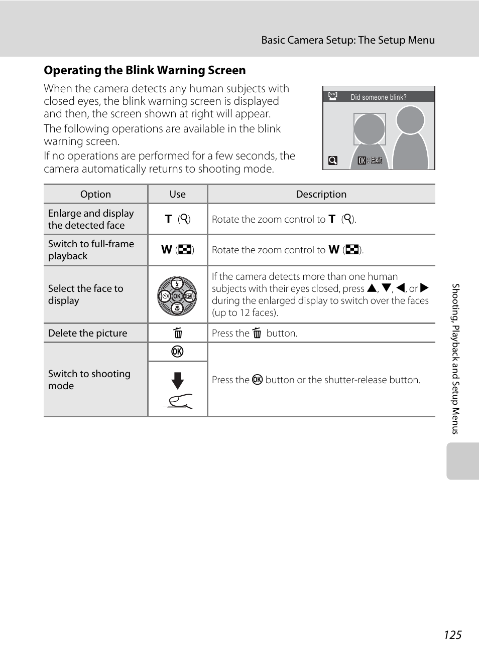 Operating the blink warning screen, A 125) | Nikon COOLPIX S203 User Manual | Page 137 / 164