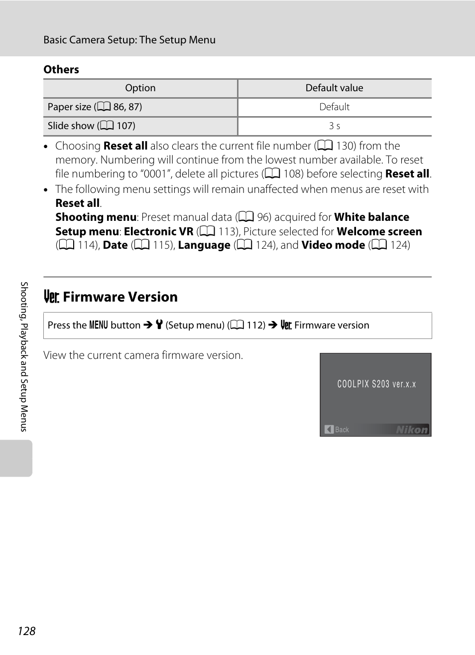 Firmware version, R firmware version, A 128 | Nikon COOLPIX S203 User Manual | Page 140 / 164