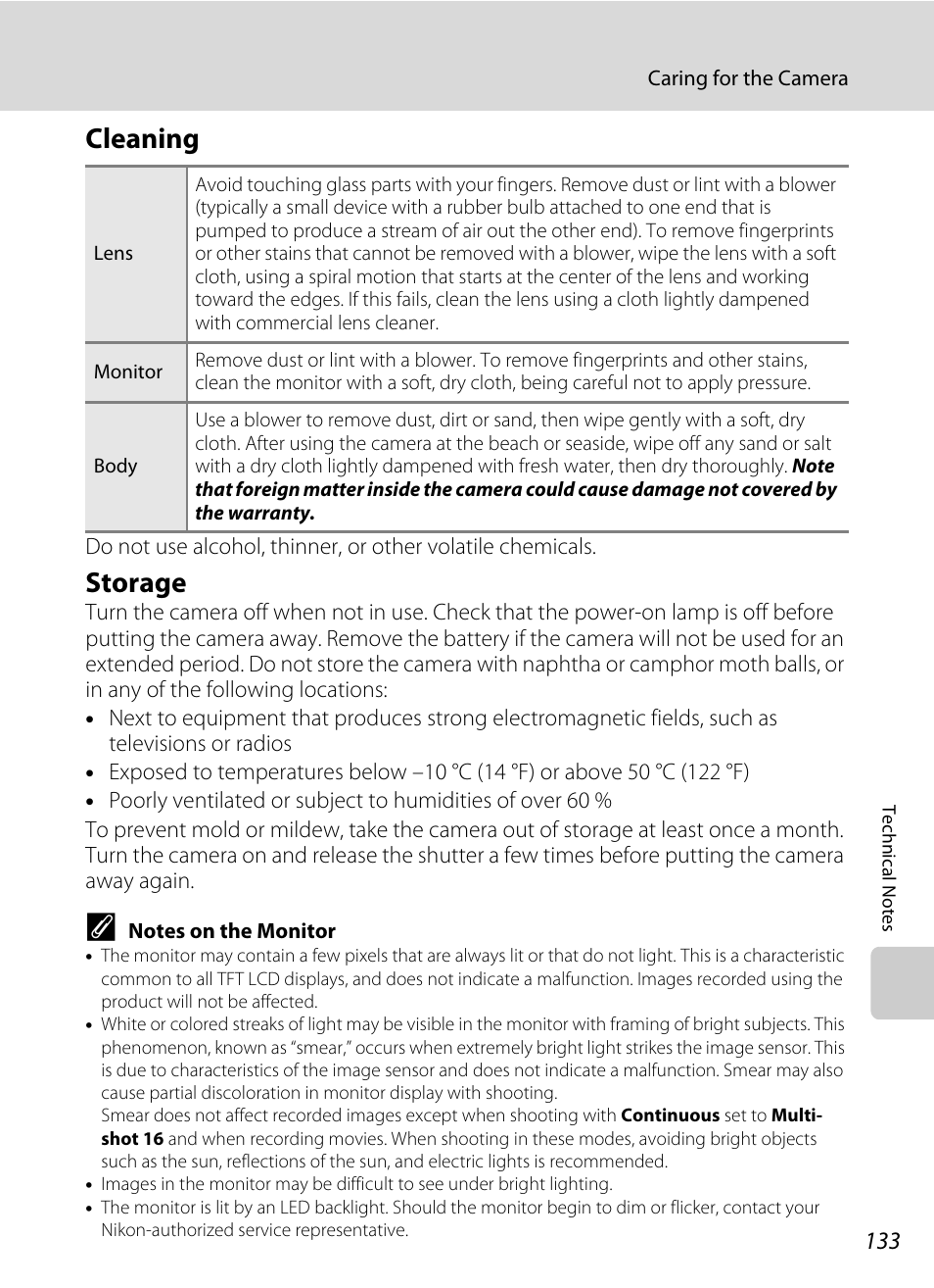 Cleaning, Storage, Cleaning storage | A 133) v | Nikon COOLPIX S203 User Manual | Page 145 / 164