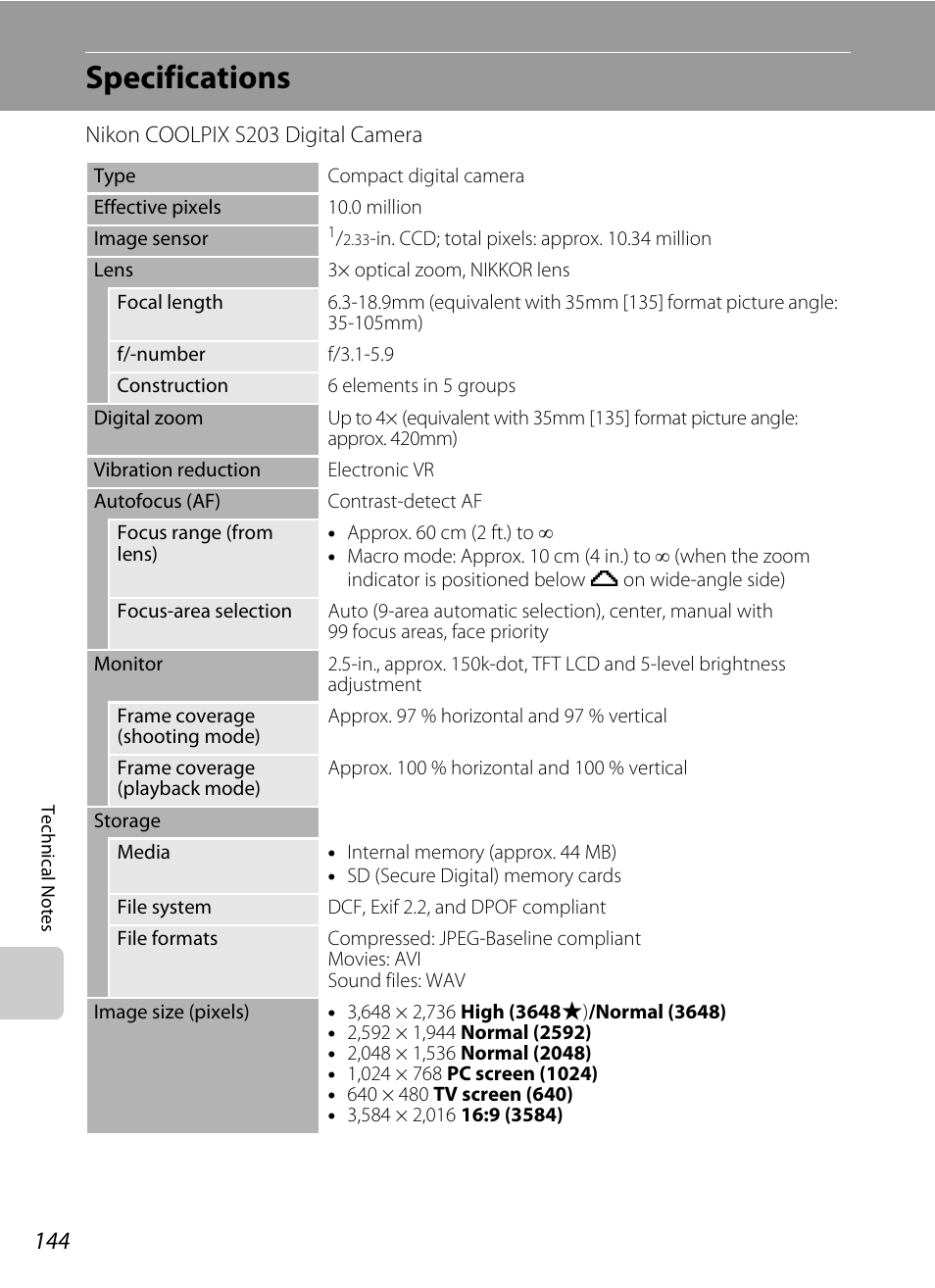 Specifications | Nikon COOLPIX S203 User Manual | Page 156 / 164