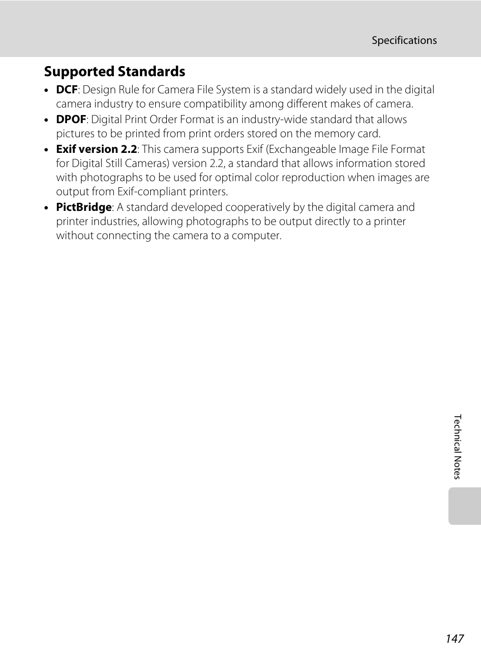 Supported standards, Tible, A 147) printers | A 147) pr | Nikon COOLPIX S203 User Manual | Page 159 / 164