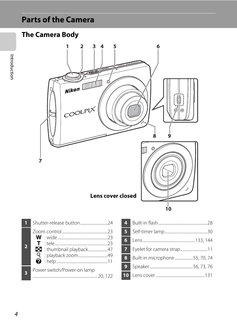 Parts of the camera, The camera body | Nikon COOLPIX S203 User Manual | Page 16 / 164