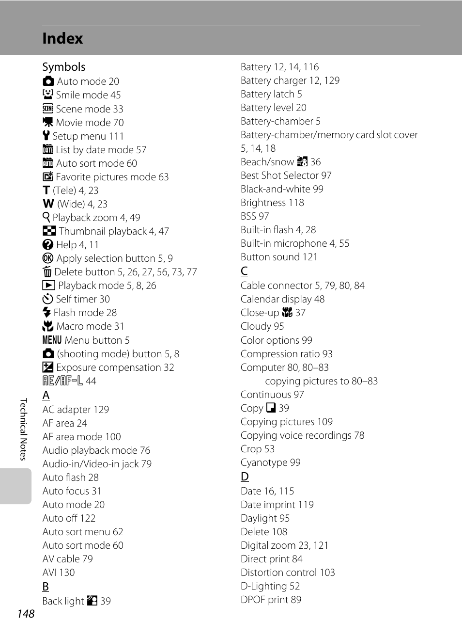 Index | Nikon COOLPIX S203 User Manual | Page 160 / 164
