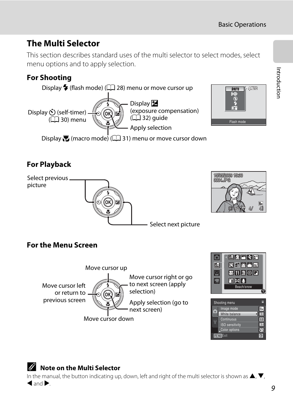 The multi selector, For shooting for playback for the menu screen | Nikon COOLPIX S203 User Manual | Page 21 / 164