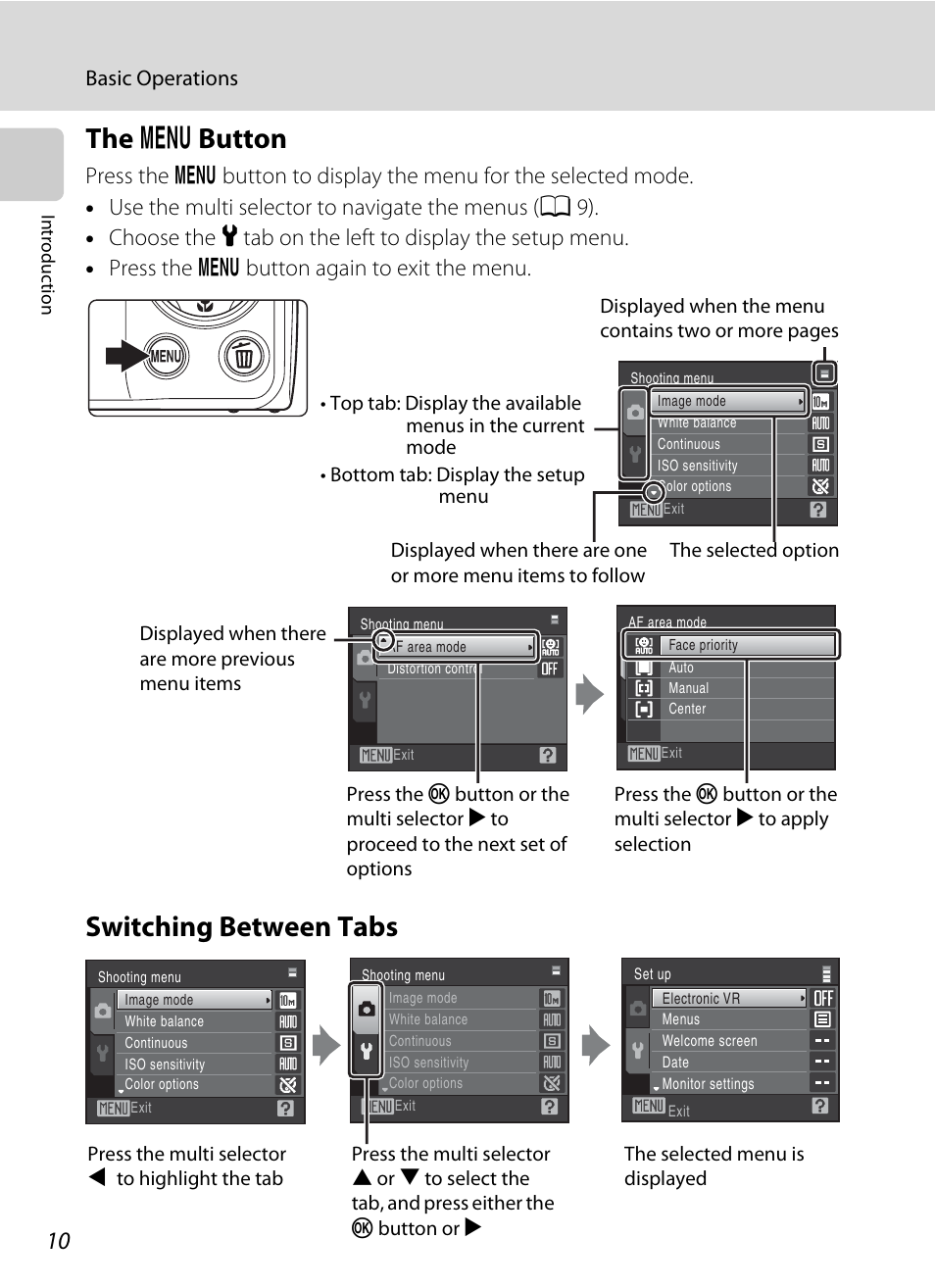 The menu button, Switching between tabs, D button | The d button, Basic operations | Nikon COOLPIX S203 User Manual | Page 22 / 164