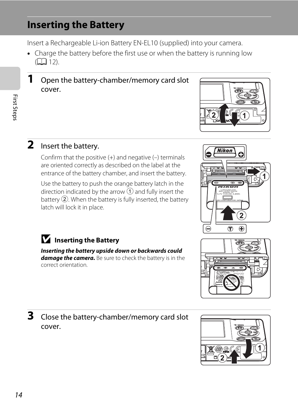 Inserting the battery | Nikon COOLPIX S203 User Manual | Page 26 / 164