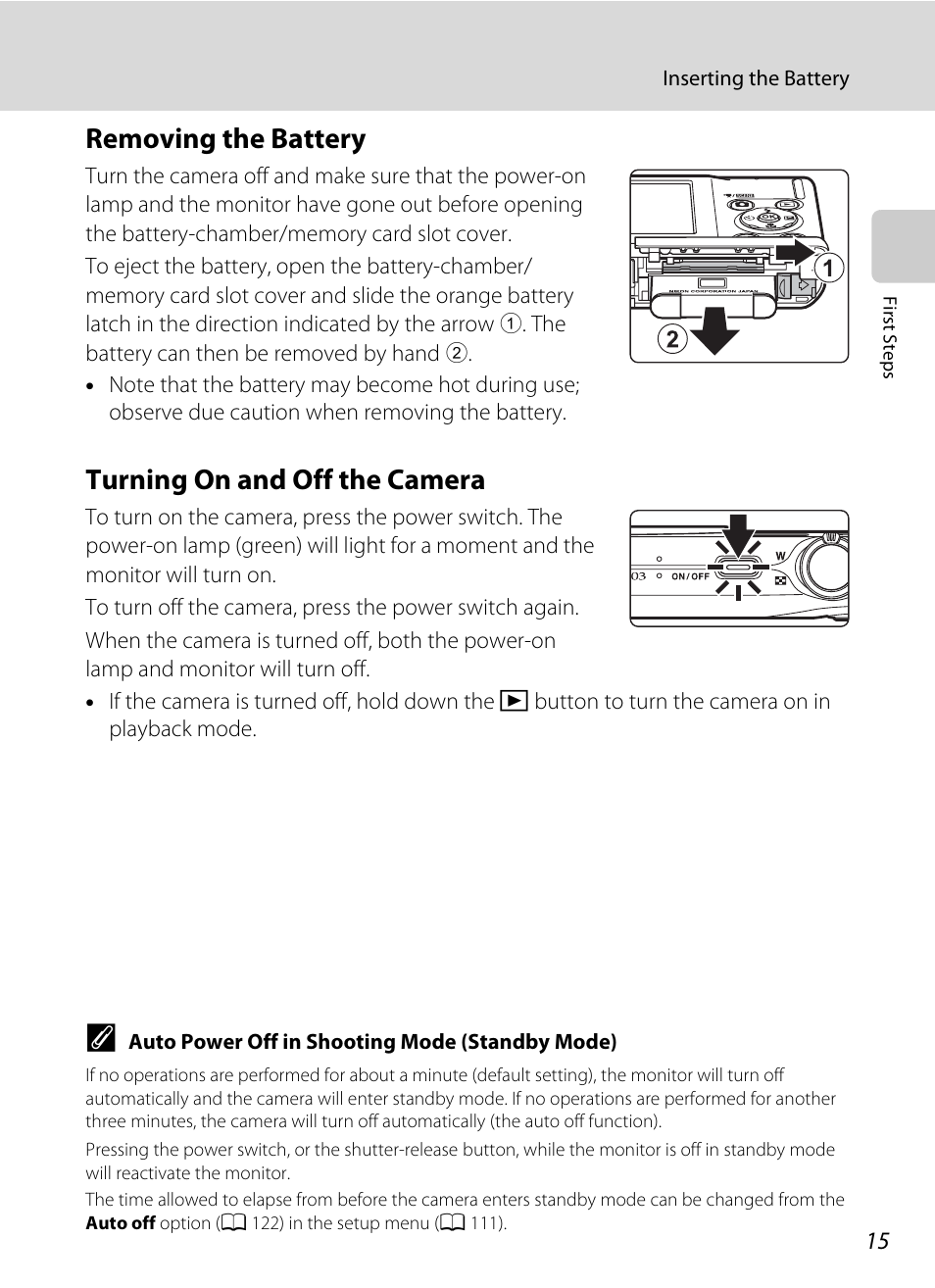 Removing the battery, Turning on and off the camera, Removing the battery turning on and off the camera | Nikon COOLPIX S203 User Manual | Page 27 / 164