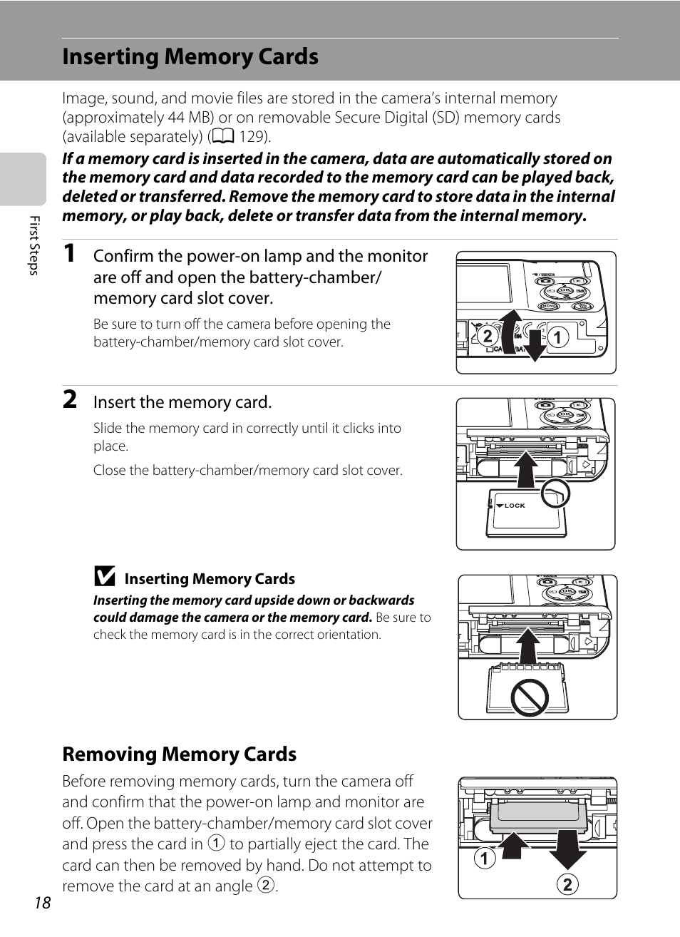 Inserting memory cards, Removing memory cards | Nikon COOLPIX S203 User Manual | Page 30 / 164