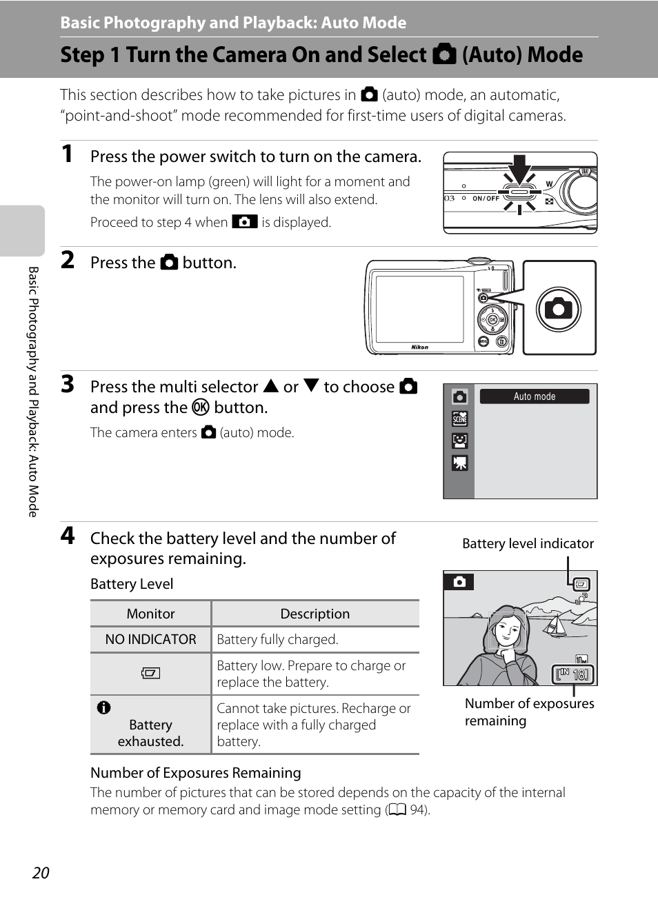 Basic photography and playback: auto mode, Step 1 turn the camera on and select auto mode, A basic photography and playback: auto mode | Step 1 turn the camera on and select a (auto) mode, A 20) | Nikon COOLPIX S203 User Manual | Page 32 / 164