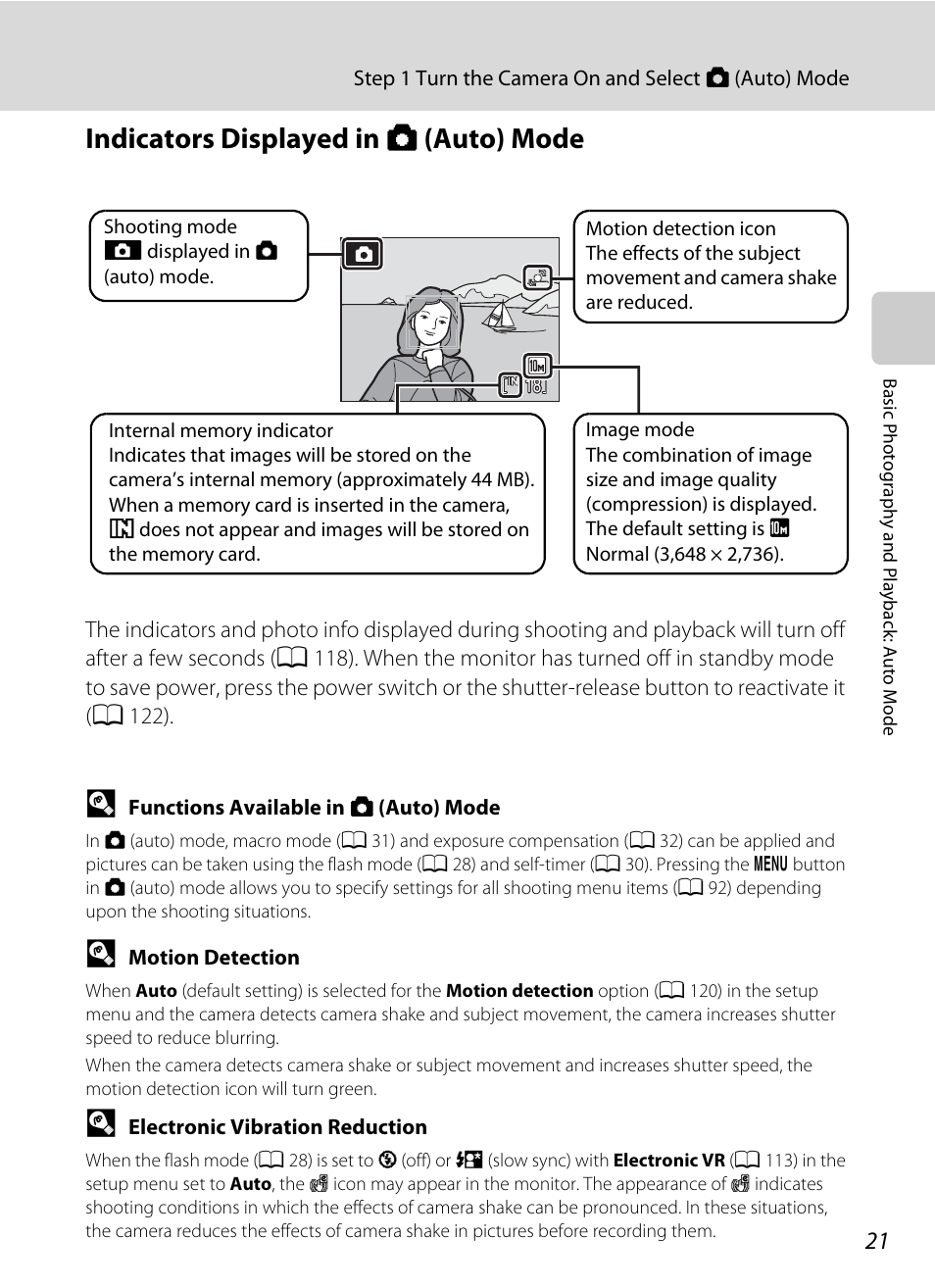 Indicators displayed in auto mode, Indicators displayed in a (auto) mode | Nikon COOLPIX S203 User Manual | Page 33 / 164