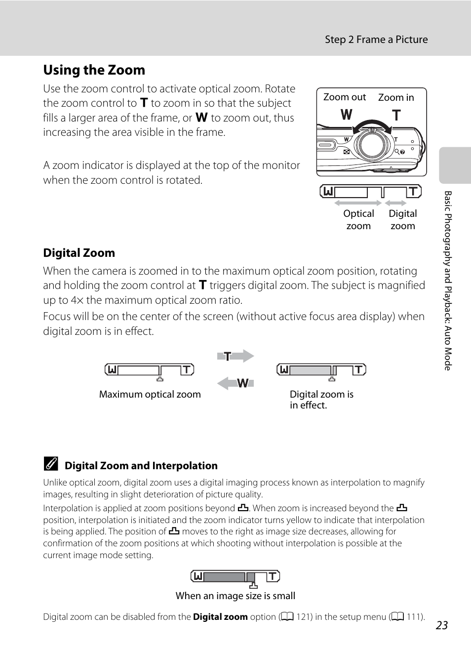 Using the zoom, Digital zoom | Nikon COOLPIX S203 User Manual | Page 35 / 164