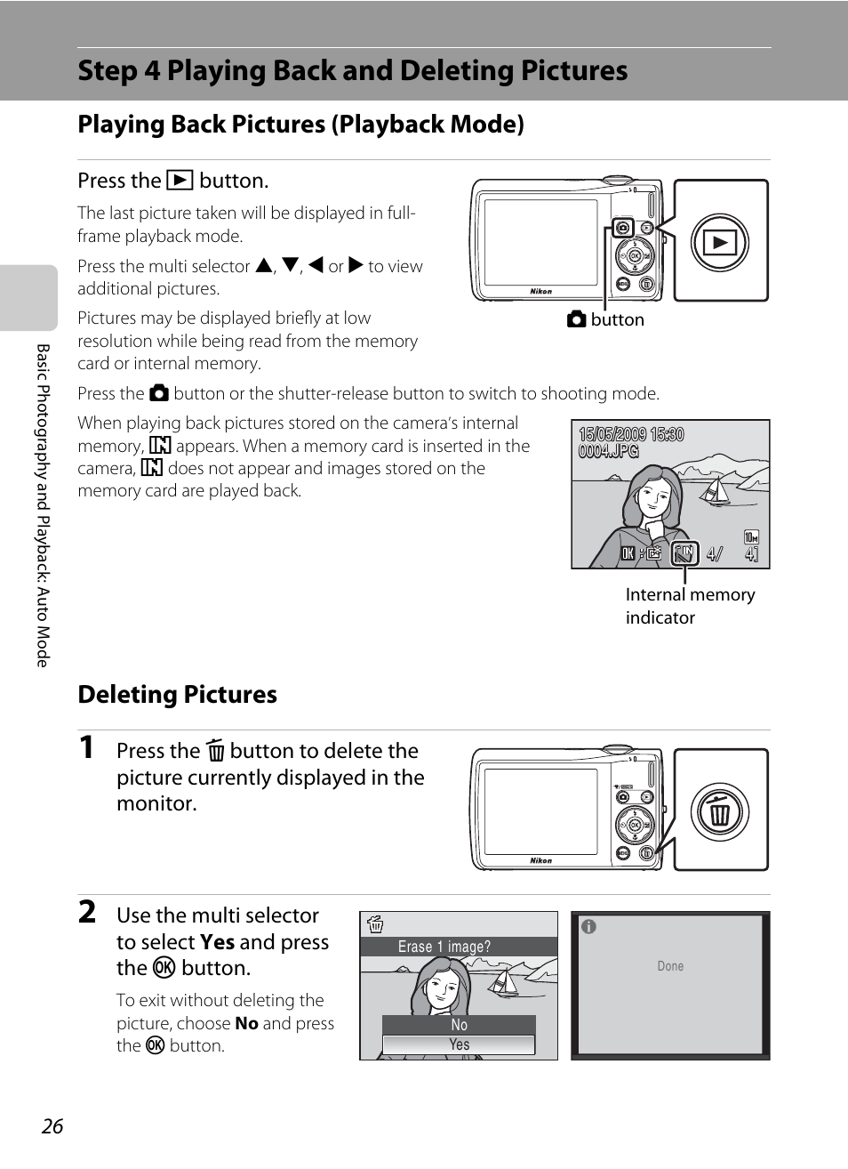 Step 4 playing back and deleting pictures, Playing back pictures (playback mode), Deleting pictures | A 26) | Nikon COOLPIX S203 User Manual | Page 38 / 164