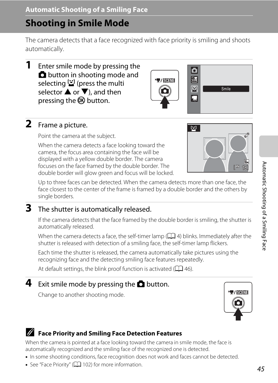 Automatic shooting of a smiling face, Shooting in smile mode, A automatic shooting of a smiling face | A 45) | Nikon COOLPIX S203 User Manual | Page 57 / 164