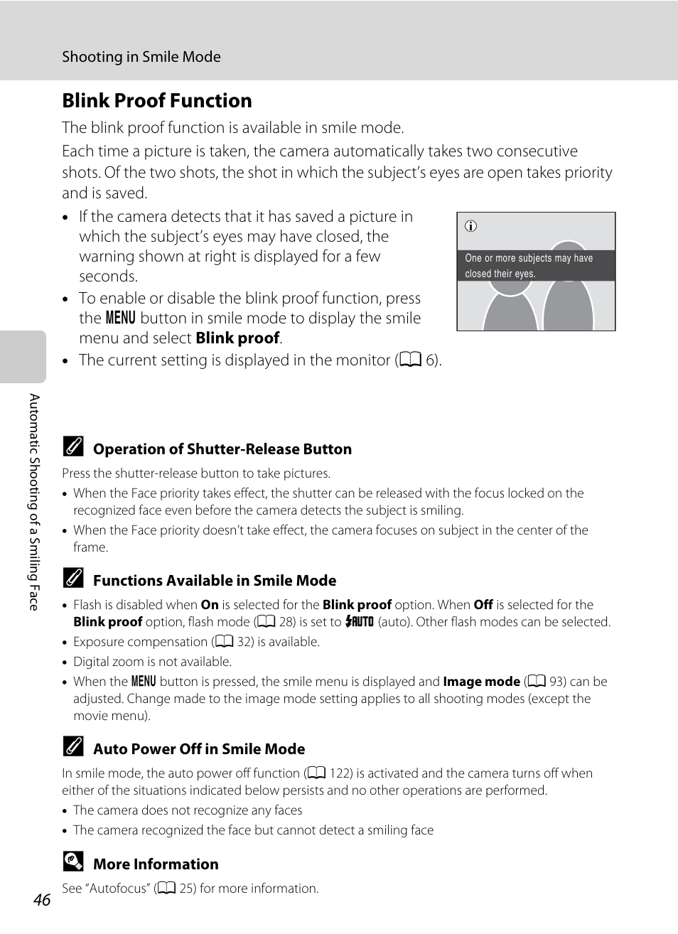 Blink proof function, A 46) | Nikon COOLPIX S203 User Manual | Page 58 / 164