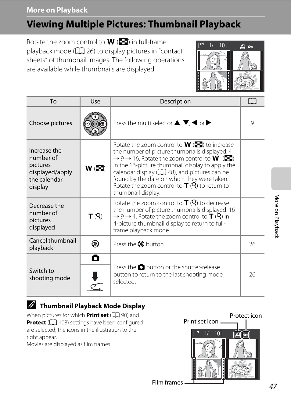 More on playback, Viewing multiple pictures: thumbnail playback, C more on playback | 47 more on playback | Nikon COOLPIX S203 User Manual | Page 59 / 164