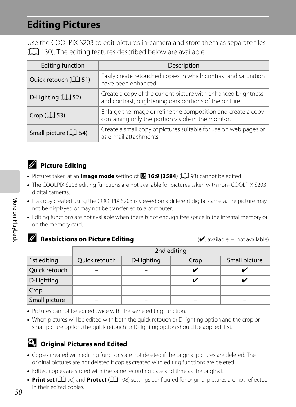 Editing pictures | Nikon COOLPIX S203 User Manual | Page 62 / 164