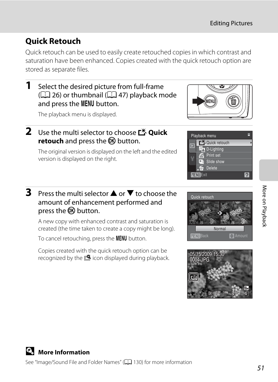 Quick retouch, A 51) | Nikon COOLPIX S203 User Manual | Page 63 / 164