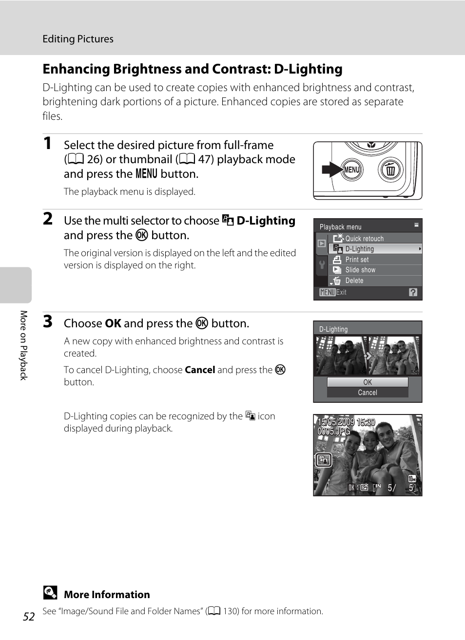 Enhancing brightness and contrast: d-lighting, Lighting, A 52) | Nikon COOLPIX S203 User Manual | Page 64 / 164