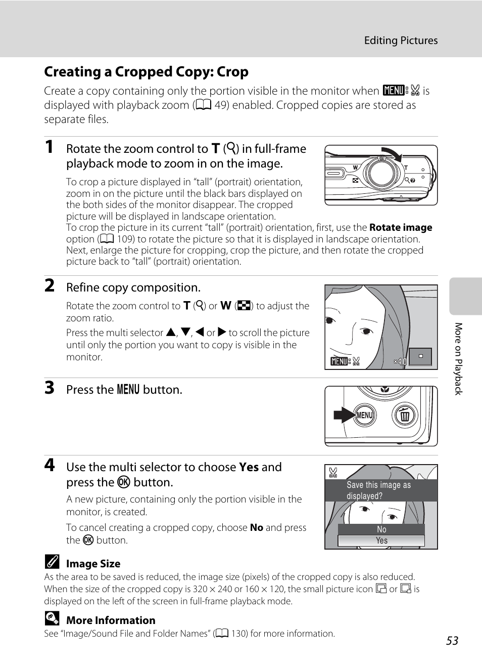 Creating a cropped copy: crop, A 53) | Nikon COOLPIX S203 User Manual | Page 65 / 164