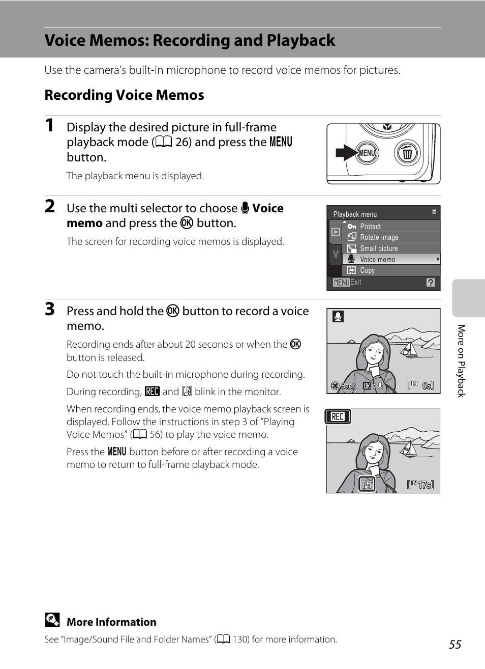 Voice memos: recording and playback, Recording voice memos | Nikon COOLPIX S203 User Manual | Page 67 / 164