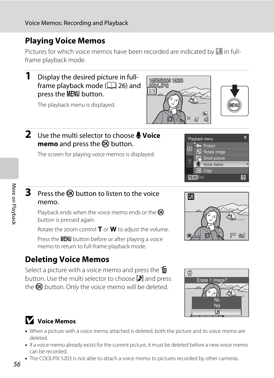Playing voice memos, Deleting voice memos, Playing voice memos deleting voice memos | Of ”playing voice memos, A 56) | Nikon COOLPIX S203 User Manual | Page 68 / 164