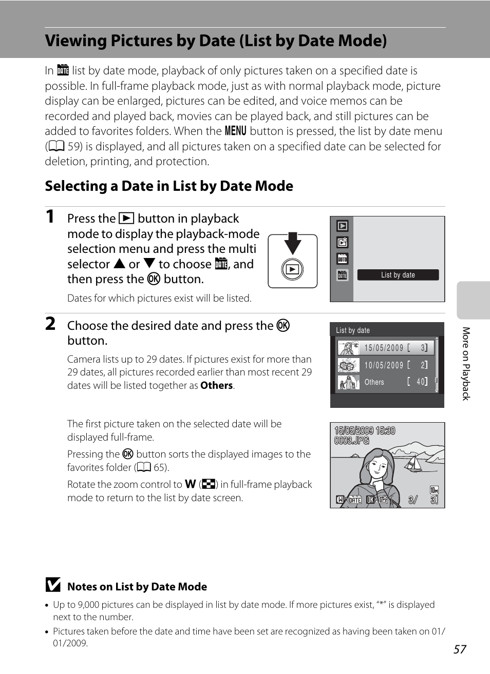 Viewing pictures by date (list by date mode), Selecting a date in list by date mode, A 57) | A 57 | Nikon COOLPIX S203 User Manual | Page 69 / 164