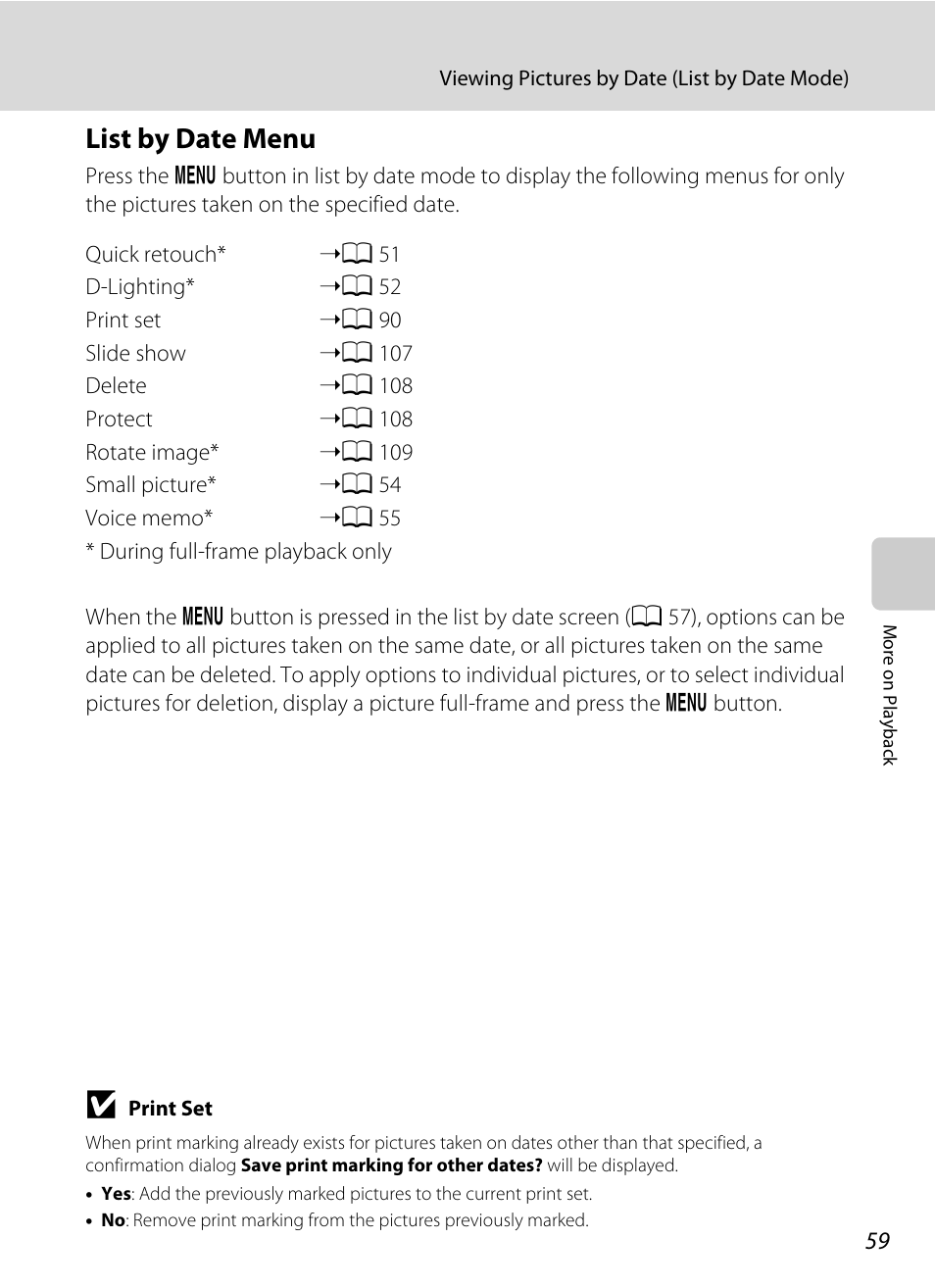 List by date menu, A 59, A 59) a | Nikon COOLPIX S203 User Manual | Page 71 / 164