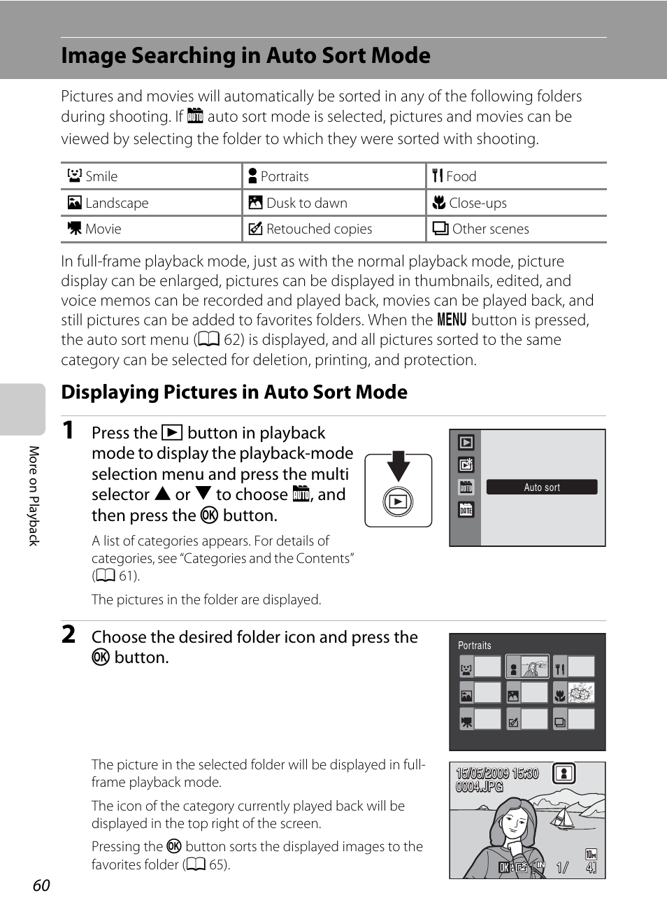 Image searching in auto sort mode, Displaying pictures in auto sort mode, A 60) | Nikon COOLPIX S203 User Manual | Page 72 / 164