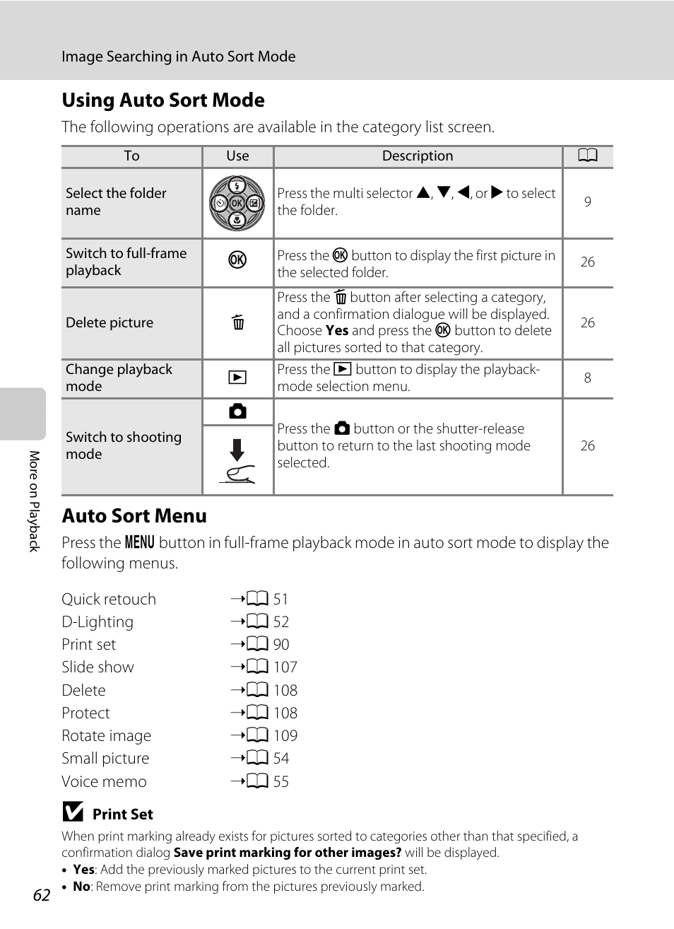 Using auto sort mode, Auto sort menu, Using auto sort mode auto sort menu | A 62, Menu | Nikon COOLPIX S203 User Manual | Page 74 / 164