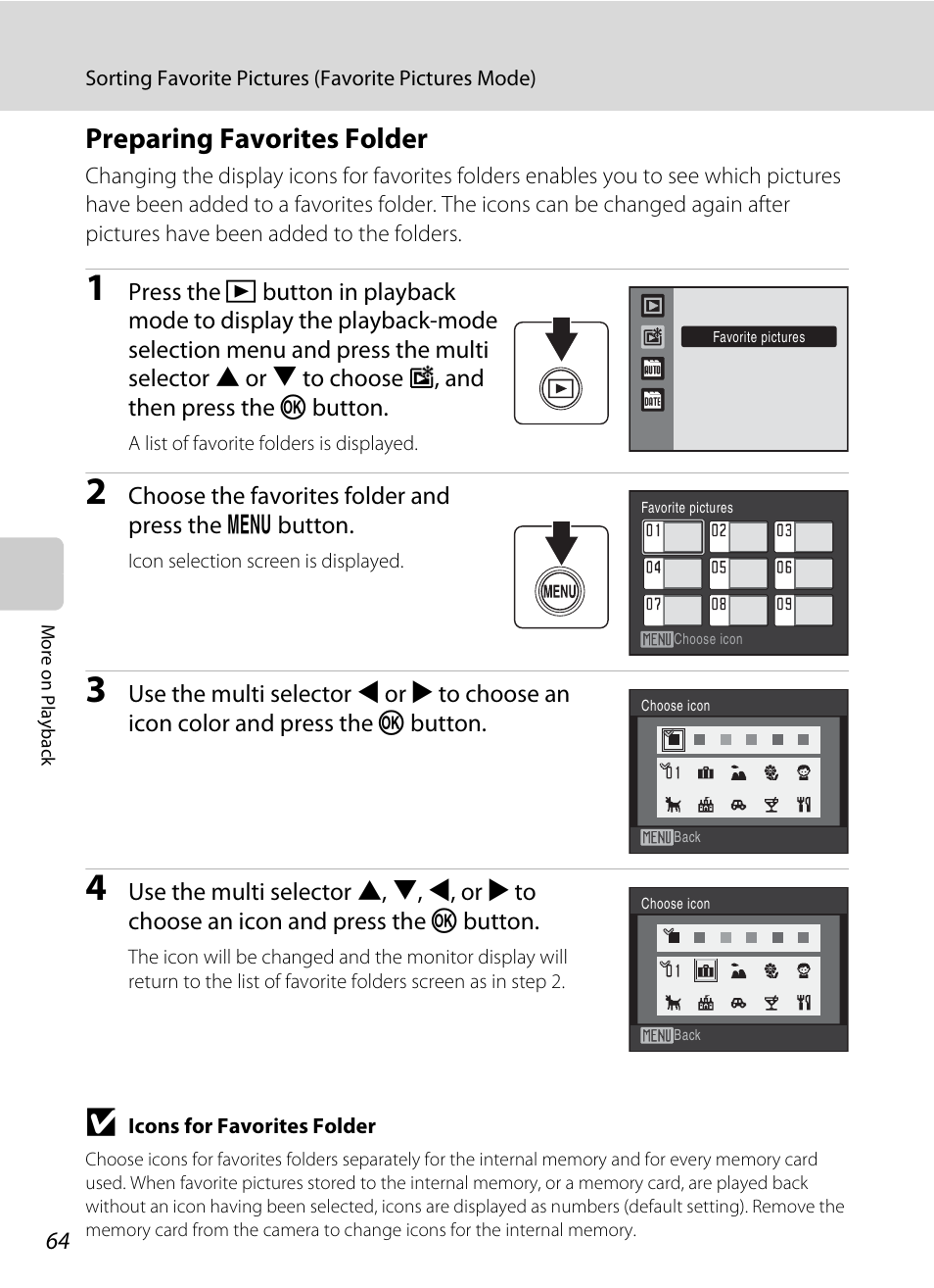 Preparing favorites folder, A 64) | Nikon COOLPIX S203 User Manual | Page 76 / 164