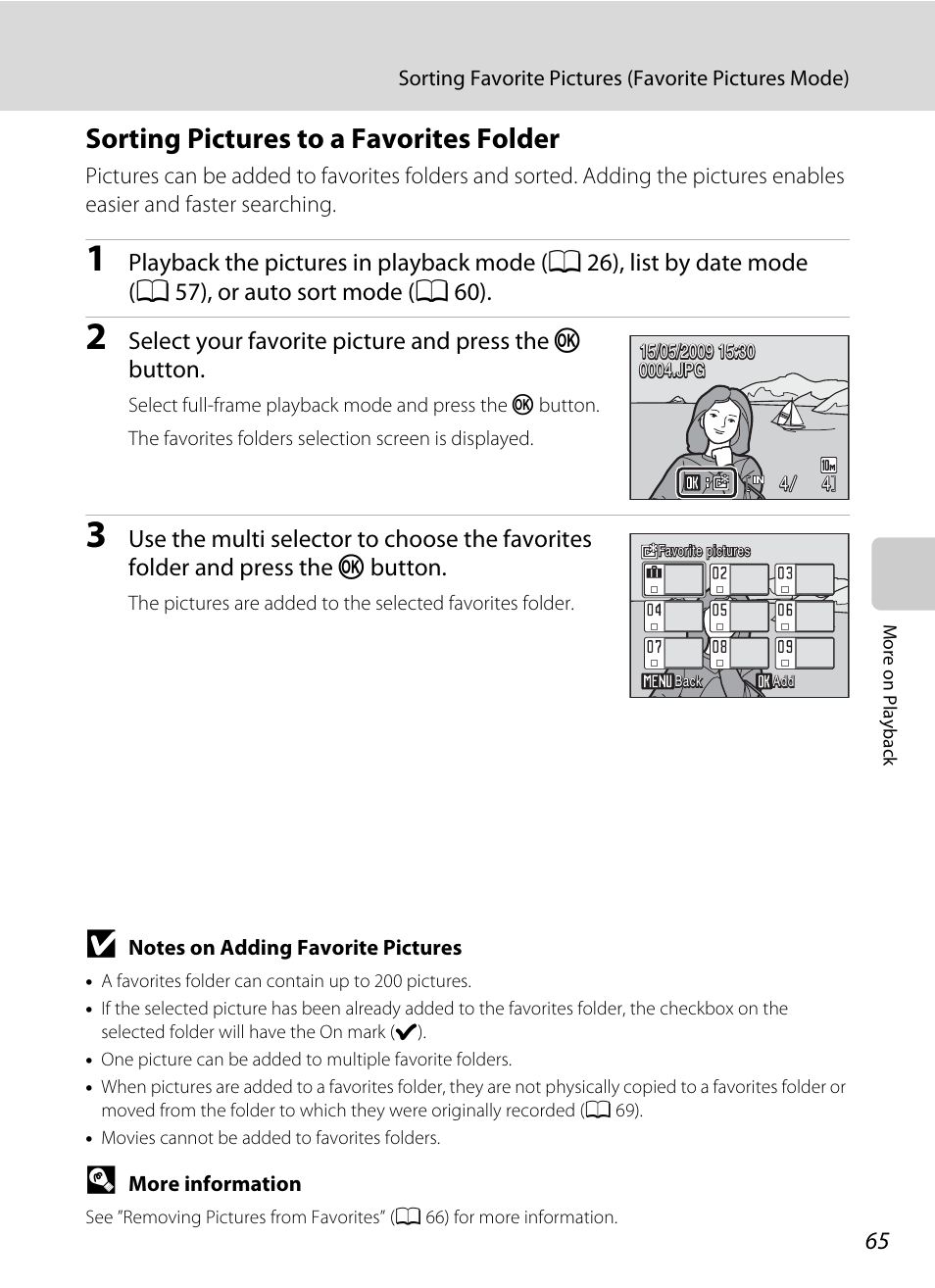 Sorting pictures to a favorites folder, A 65, A 65) | Nikon COOLPIX S203 User Manual | Page 77 / 164