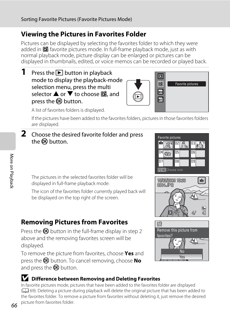 Viewing the pictures in favorites folder, Removing pictures from favorites, A 66) | Ee ”removing pictures from favorites | Nikon COOLPIX S203 User Manual | Page 78 / 164