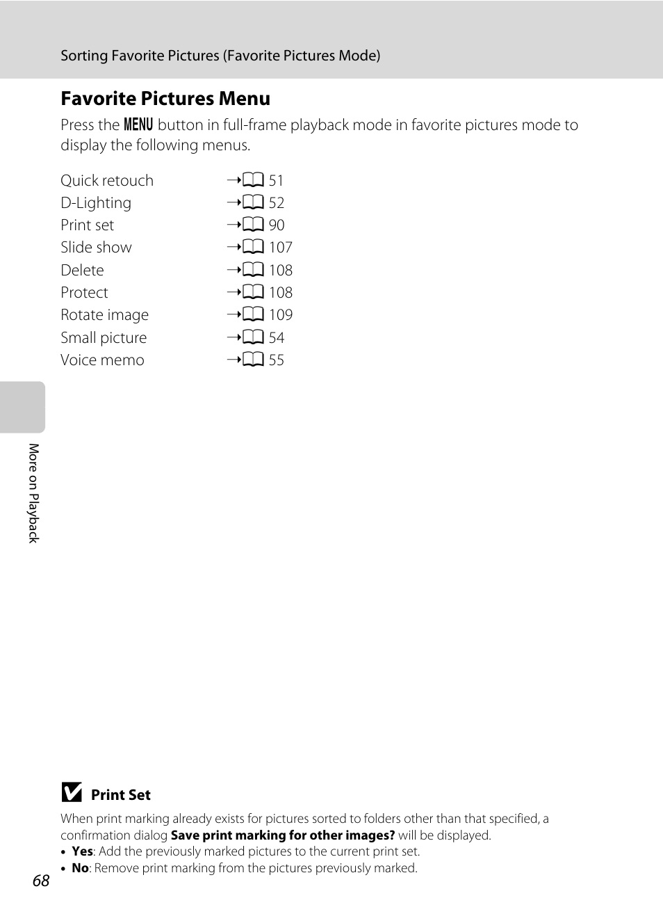 Favorite pictures menu, A 68) | Nikon COOLPIX S203 User Manual | Page 80 / 164