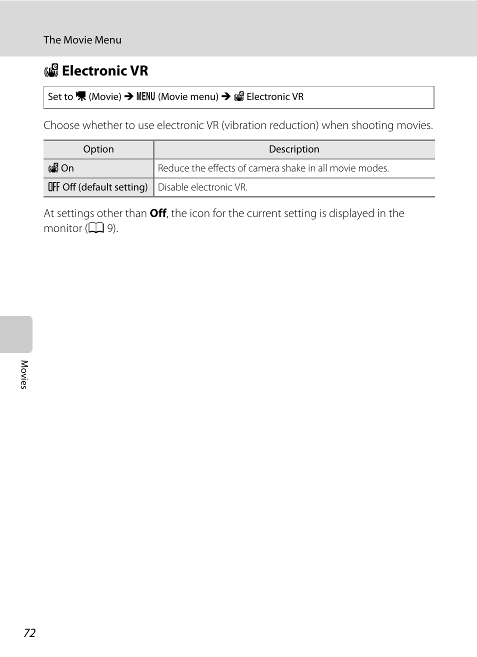 Electronic vr, W electronic vr, A 72 | Nikon COOLPIX S203 User Manual | Page 84 / 164