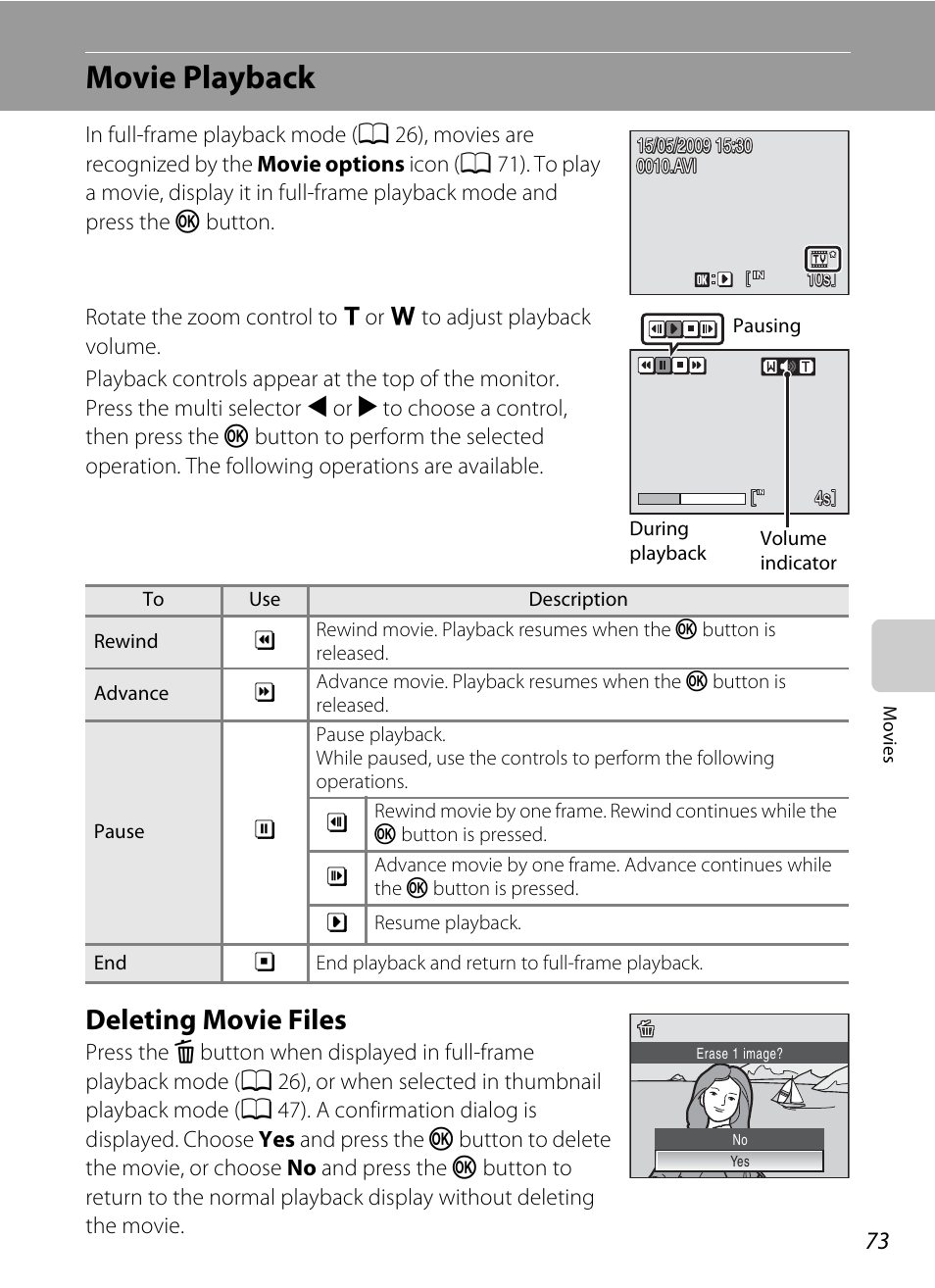 Movie playback, Deleting movie files | Nikon COOLPIX S203 User Manual | Page 85 / 164