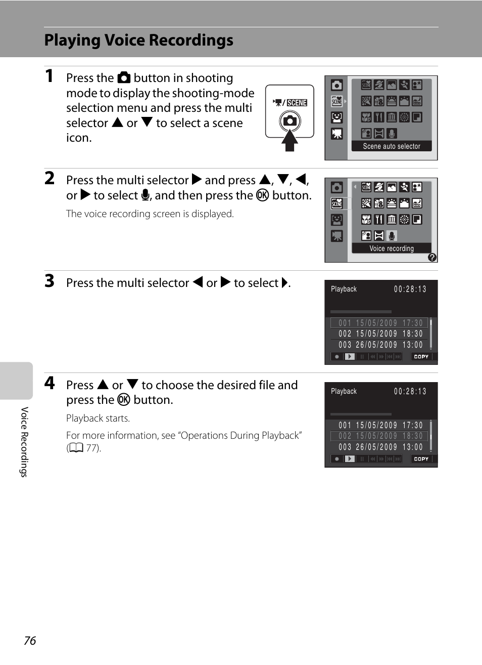 Playing voice recordings | Nikon COOLPIX S203 User Manual | Page 88 / 164