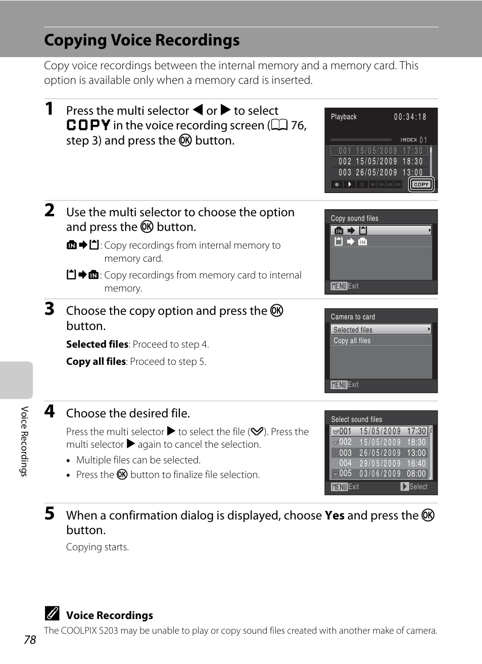 Copying voice recordings | Nikon COOLPIX S203 User Manual | Page 90 / 164