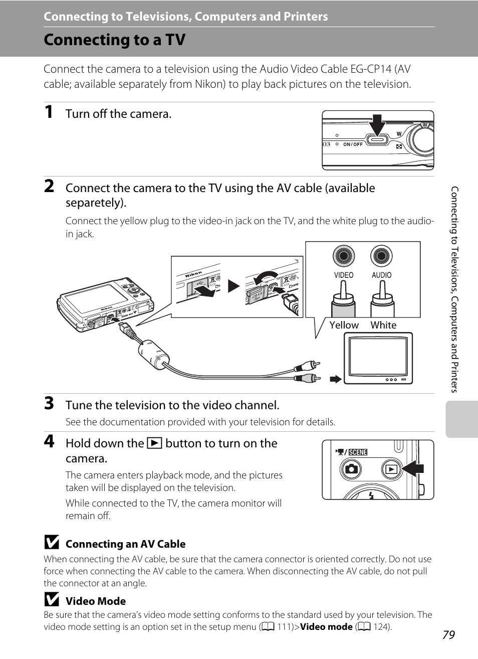 Connecting to televisions, computers and printers, Connecting to a tv | Nikon COOLPIX S203 User Manual | Page 91 / 164