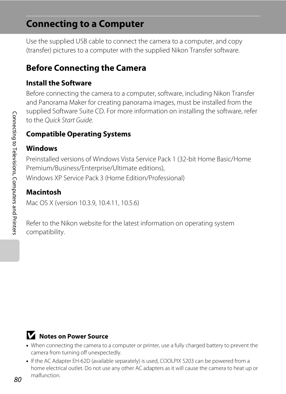 Connecting to a computer, Before connecting the camera, A 80 | Nikon COOLPIX S203 User Manual | Page 92 / 164