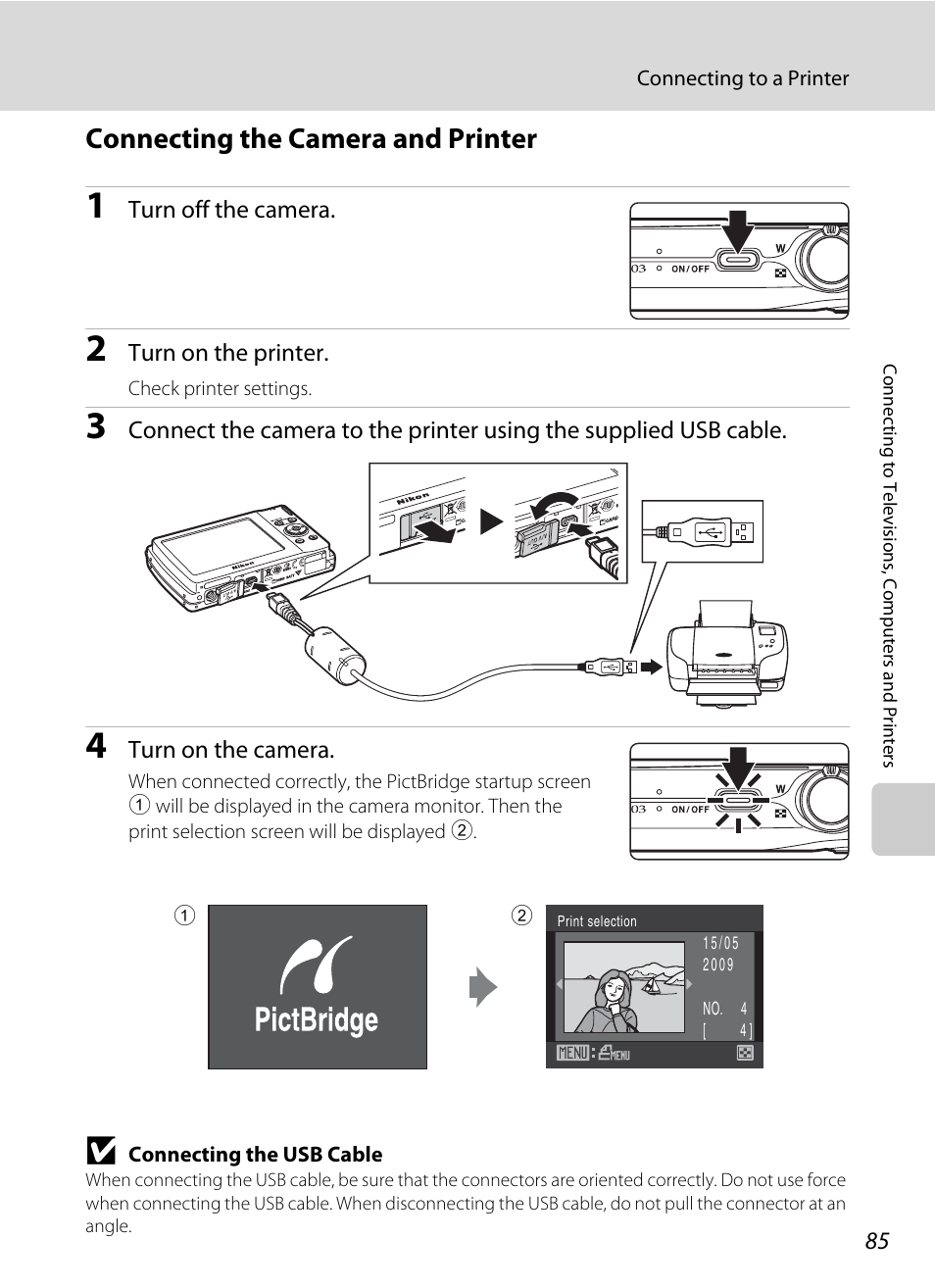 Connecting the camera and printer, A 85) | Nikon COOLPIX S203 User Manual | Page 97 / 164