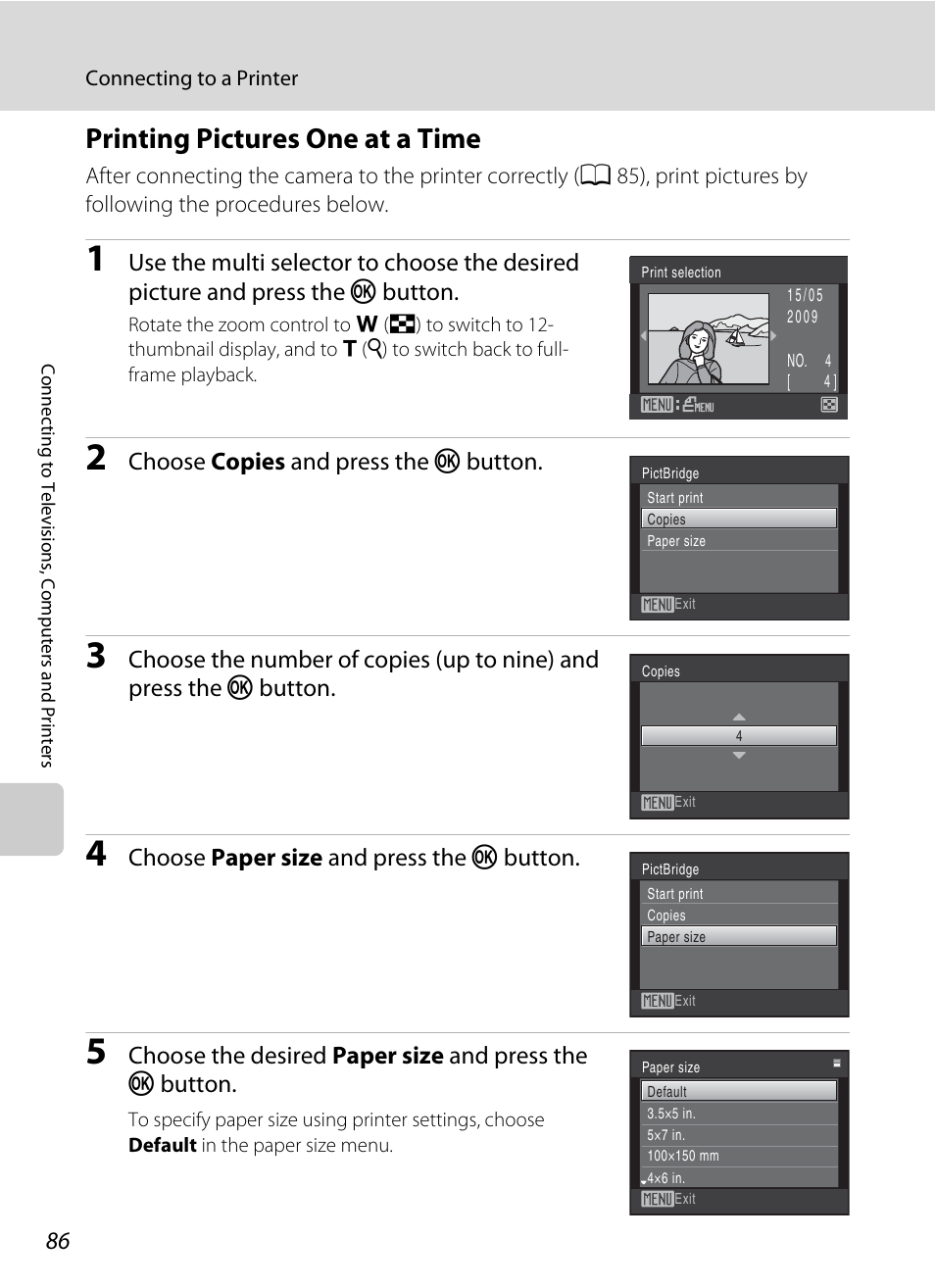 Printing pictures one at a time, A 86, Choose copies and press the k button | Choose paper size and press the k button | Nikon COOLPIX S203 User Manual | Page 98 / 164