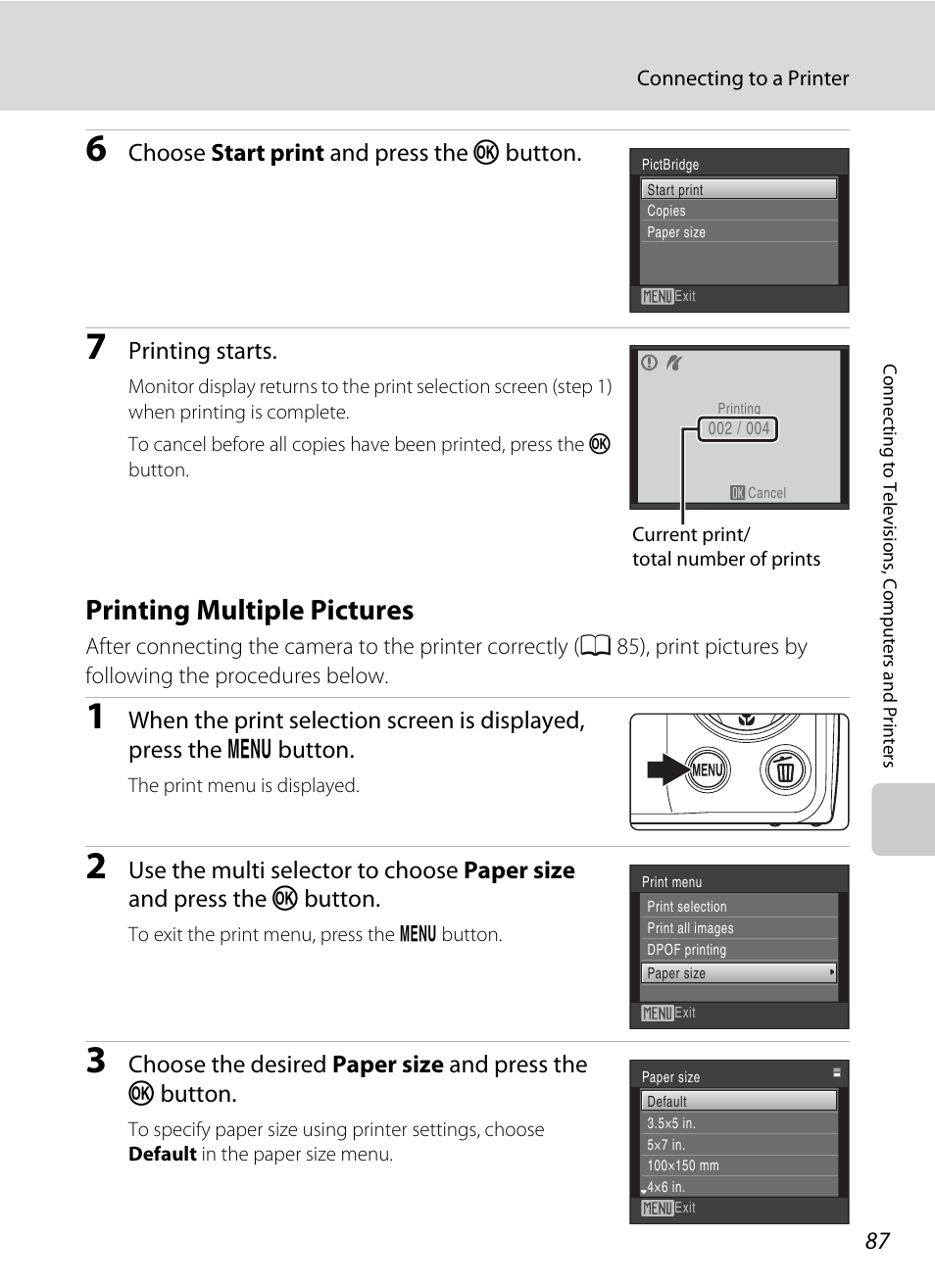 Printing multiple pictures, A 87), Choose start print and press the k button | Printing starts | Nikon COOLPIX S203 User Manual | Page 99 / 164