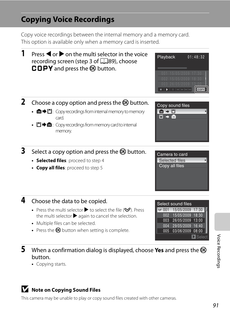 Copying voice recordings | Nikon Coolpix P90 User Manual | Page 103 / 192