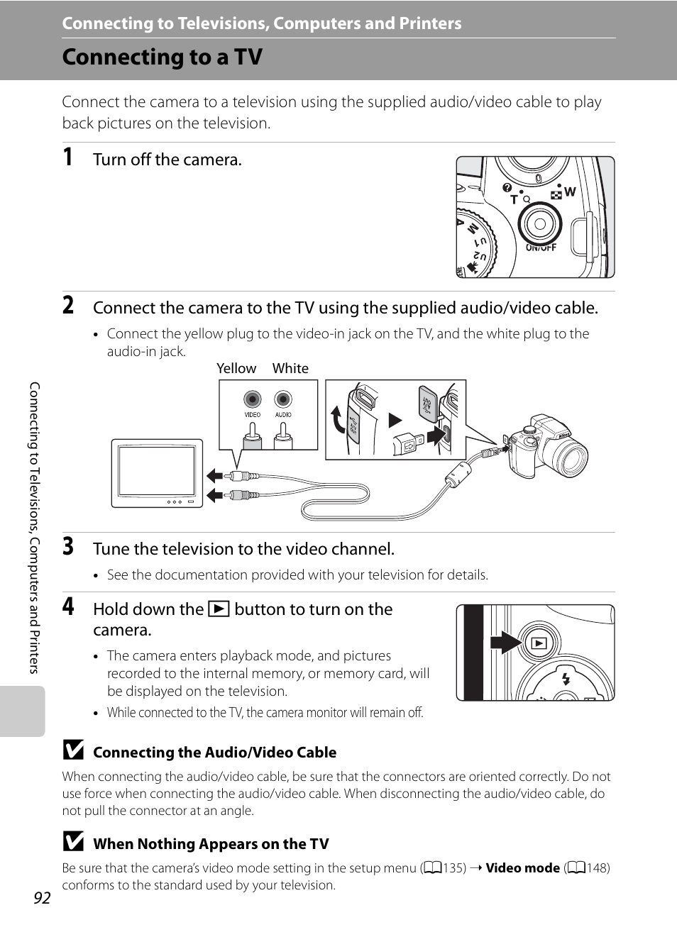 Connecting to televisions, computers and printers, Connecting to a tv | Nikon Coolpix P90 User Manual | Page 104 / 192