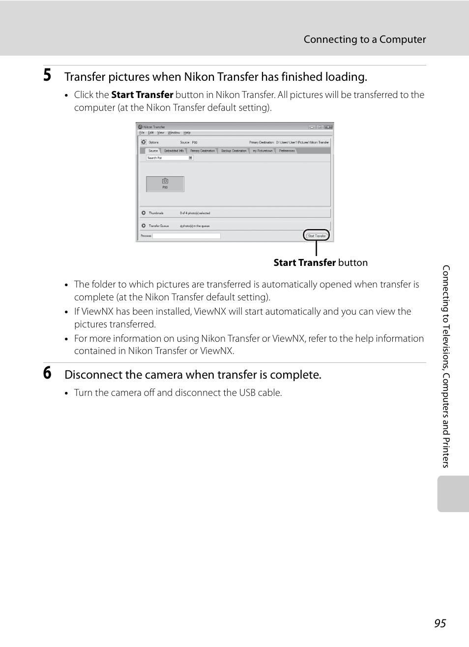 Disconnect the camera when transfer is complete | Nikon Coolpix P90 User Manual | Page 107 / 192