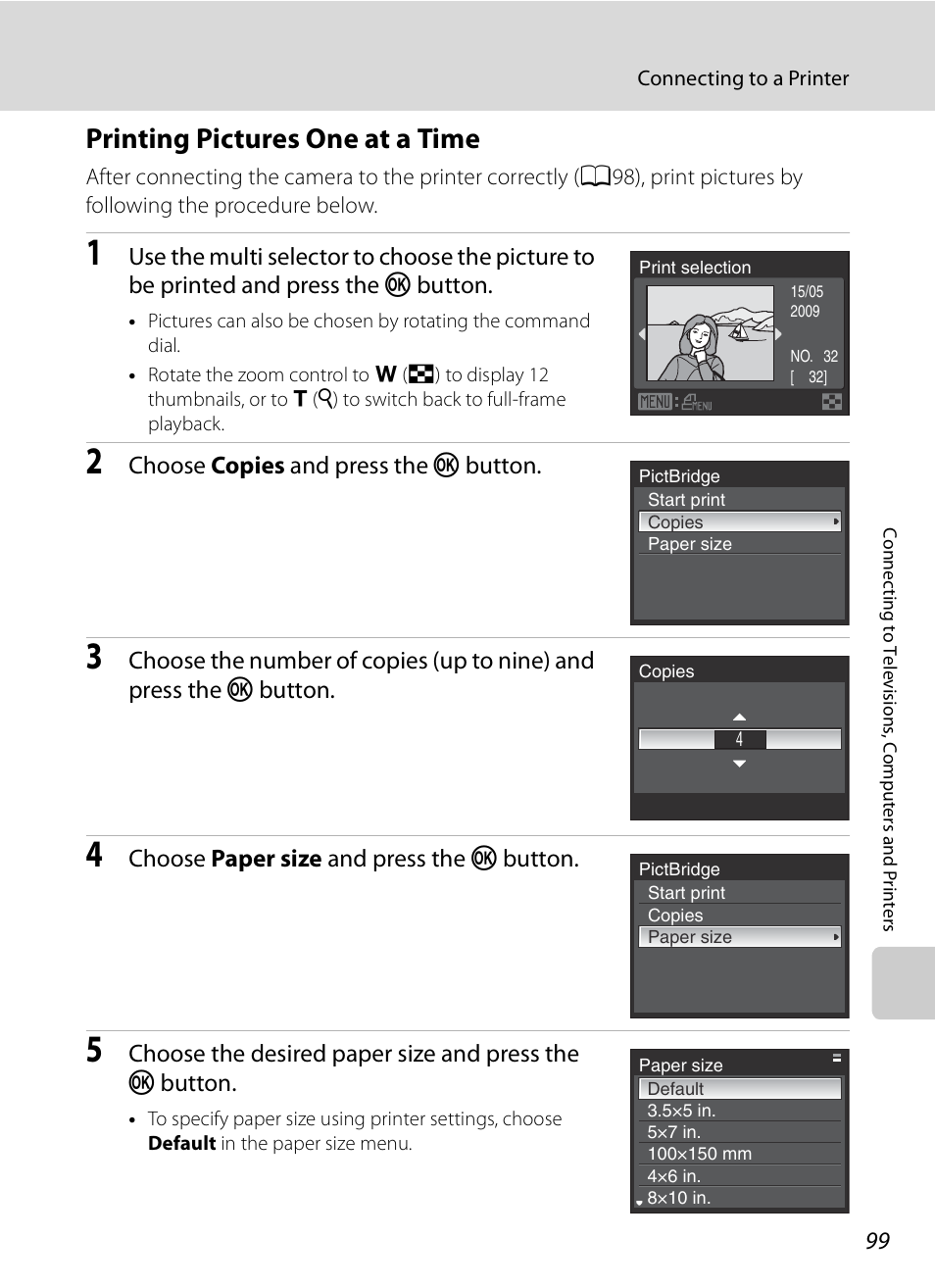 Printing pictures one at a time, A99) | Nikon Coolpix P90 User Manual | Page 111 / 192