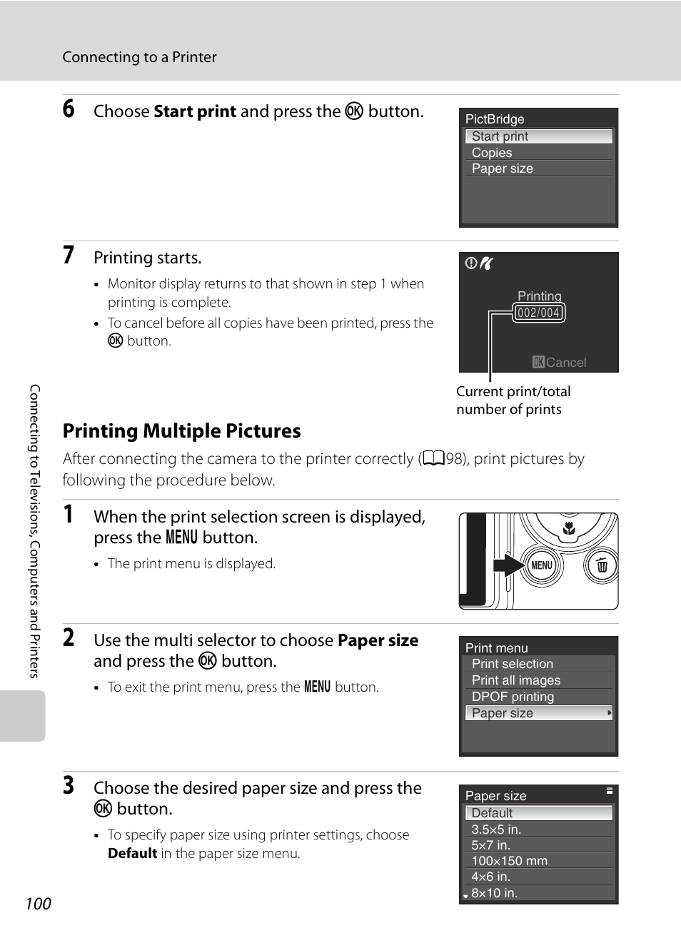 Printing multiple pictures, A100) | Nikon Coolpix P90 User Manual | Page 112 / 192